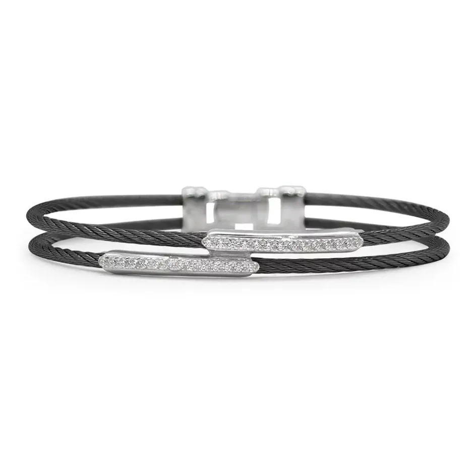 A'LOR Black Cable Dual Channel Bar Bracelet with 18k White Gold & Diamonds