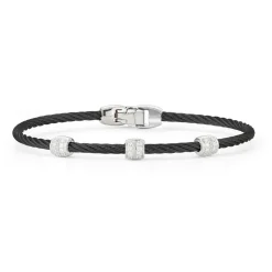 A'LOR Black Cable Triple Station Stackable Bracelet with 18k White Gold & Diamonds
