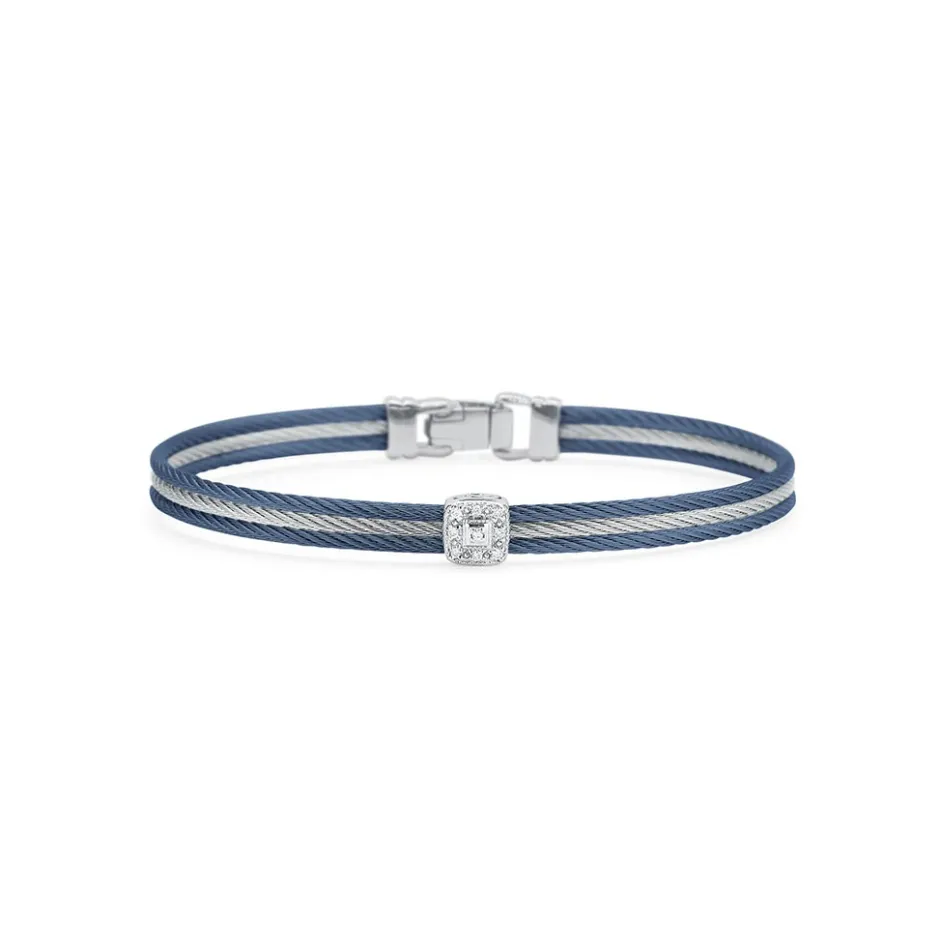 A'LOR Blueberry & Grey Cable with Square Diamond Station Bracelet