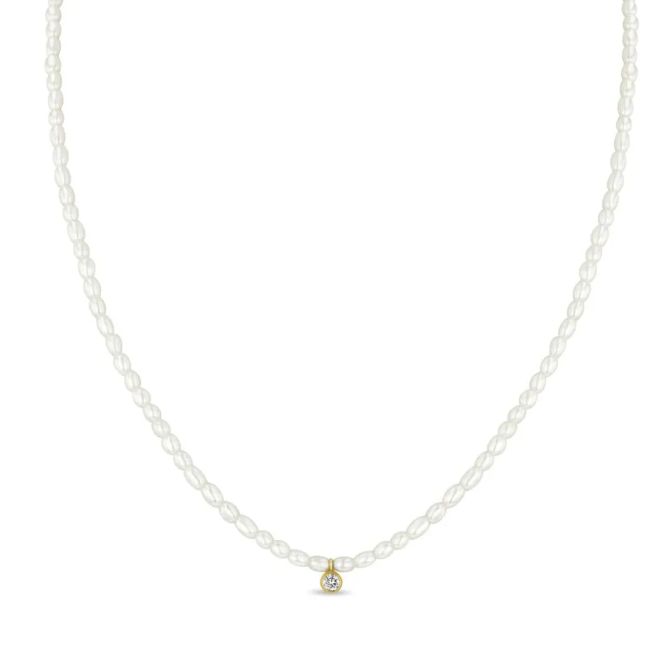 Zoe Chicco Diamond Pendant Rice Pearl Necklace