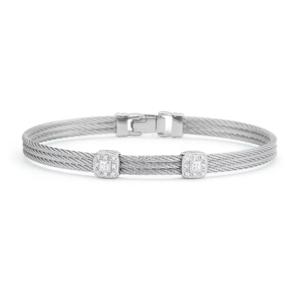 A'LOR Grey Cable Classic Stackable Bracelet with Double Square Station set in 18k White Gold
