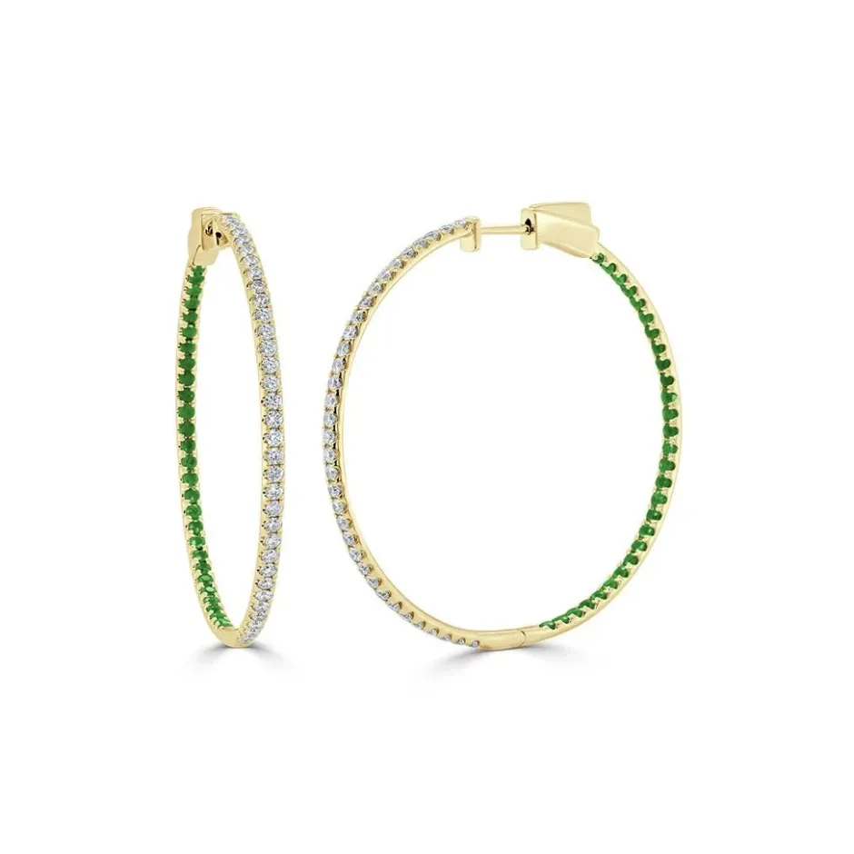 Zadok Collection Half Diamond & Half Emerald Hoop Earrings