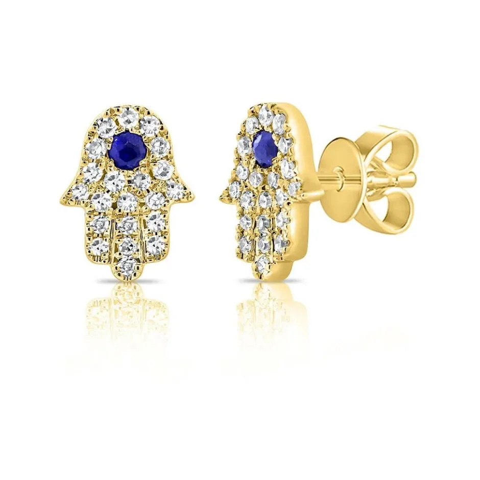 Zadok Collection Hamsa Pave Stud Diamond And Blue Sapphire Earrings