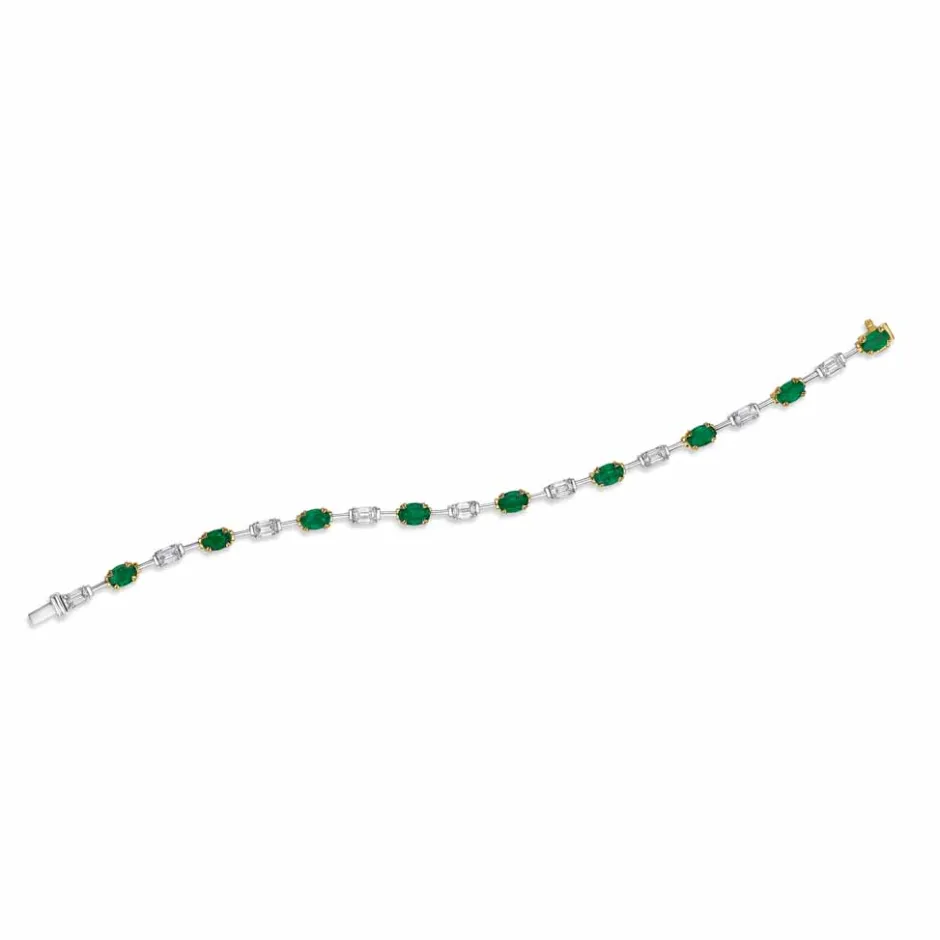 Zadok Collection Yellow Gold Emerald And Baguette Diamond Alternating Tennis Bracelet