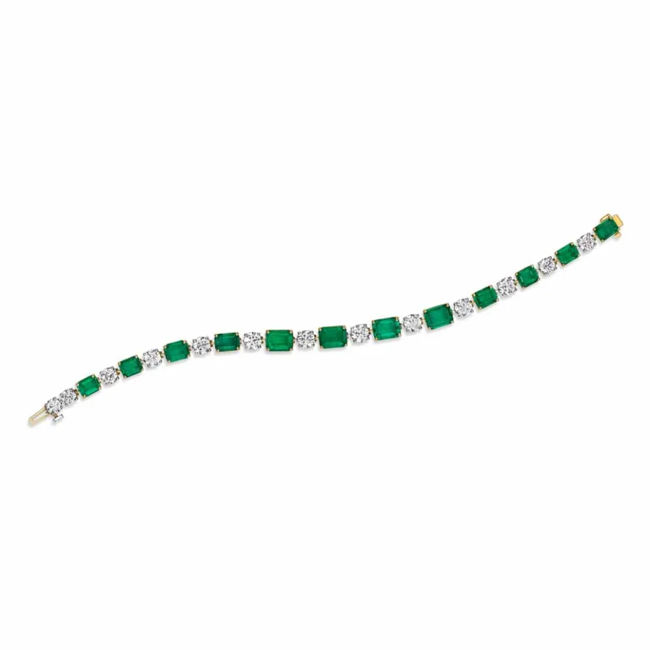 Zadok Collection Yellow Gold Emerald And Round Diamond Alternating Tennis . Bracelet