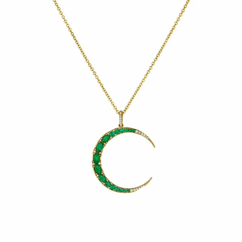 Zadok Collection Yellow Gold Necklace With Emerald And Diamond Moon Pendant